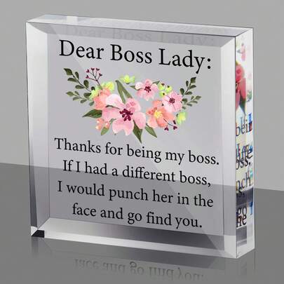 1pc Square Acrylic Desk Plaque, Funny Office Appreciation Quote, Floral Design Style, Clear Modern Look, Desktop Paperweight Decor, Office Desk Accessories, Gift For Female Manager, Boss's Day Birthday Christmas Gift