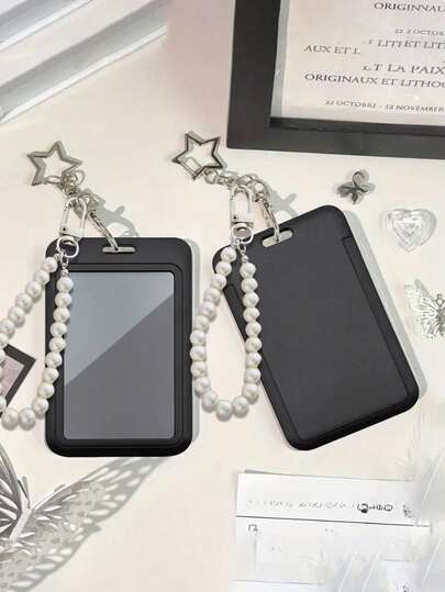 Portacarnet negro con colgante de estrella emparejado con colgantes de perlas falsas, adorno de bolso, llavero, puede contener tarjeta de identificación, tarjeta de celebridad, tarjeta de autobús, tarjeta de comida, tarjeta de metro, foto, tarjeta residencial, cubierta protectora de tarjeta de acceso, se puede usar a diario, decorar o regalar a amigos, familia, amantes, regalos del Día de San Valentín, regalos de cumpleaños, regalos del Día de la Madre, regalos de vuelta a la escuela