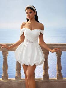 Off-The-Shoulder White Bridal Party Dress, Structured Boned Bustier, Fashionable Short Style - White - View 6
