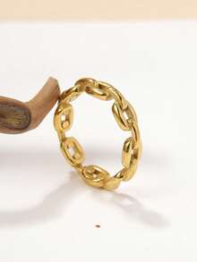 Mazuer 1pc Street Style Classic Chain Design 18K Gold Plated Stainless Steel Ring, Personalized Stackable Jewelry Accessory For Women - Gold - View 6