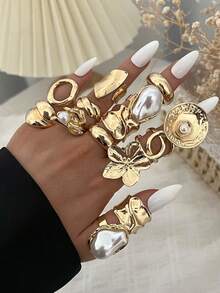 Zestaw pierścionków z perłami w stylu vintage, eleganckim, boho, asymetrycznym, geometrycznym, plisowanym kwiatem, 14/12/9/8/5 szt., idealny na co dzień, na imprezę, randkę, święta, ślub, prezent na festiwal. - Złoto - Zobacz 11