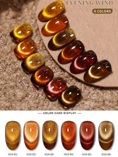 Sơn móng tay gel 12ml, quà tặng Valentine mới năm 2026, hạt thủy tinh lấp lánh, màu hổ phách mùa thu vàng, mắt mèo lá phong, tím hồng, vàng kim, men sứ hồng, sơn gel mắt mèo đá pha lê. Thích hợp cho mọi mùa, sản phẩm nghệ thuật móng tay mắt mèo trong suốt có từ tính, cần sử dụng với lớp sơn lót và lớp sơn phủ, cần đèn UV để làm sạch móng.