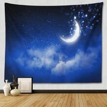 Star Sky Moon Tapestry Hanging Decorative Blue Starry Night Galaxy Universe Large Fabric Wall Tapestry For Bedroom Wall Decor(1).Jpg - White - View 1