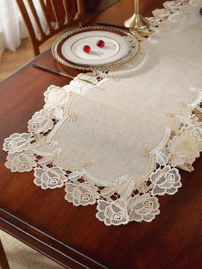 1pc Polyester & Linen Blend Lace Hollow Water-Soluble Floral Edge Table Runner, Minimalist Elegant Rustic Natural Vintage Style, Essential For Kitchen, Can Be Used As Dining Table Runner, Placemat, Cabinet, Coffee Table, TV Stand Decor, Home Gathering, Holiday Decoration, Indoor Outdoor Party Wedding Decorations, Multiple Sizes Available, Suitable For All Seasons