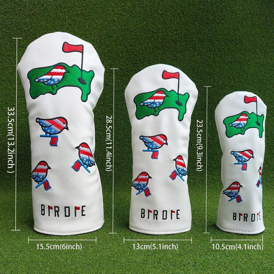 Premium Leather Golf Club Head Cover, White Bird Embroidery, For Driver, Wood, Hybrid Clubs - Multicolor - View 1