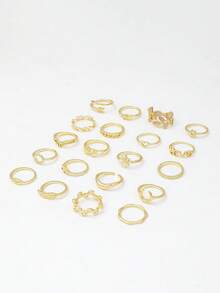 20件套女士戒指套装，包含太阳、月亮、蝴蝶、树叶、星星、心形、花朵、链条、情书等多种设计款式。 - 金色 - 查看 4
