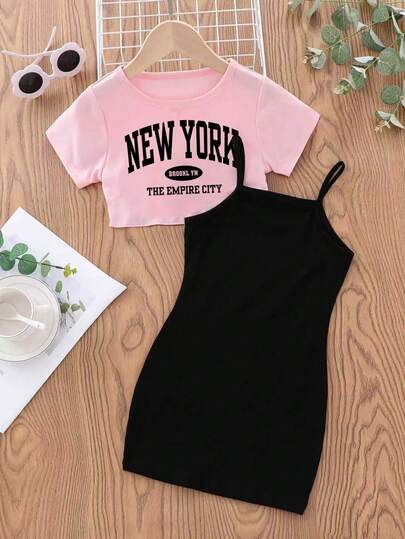 Young Girl Summer Casual Fashionable Street Daily Commute Letter Print Short Sleeve Cropped T-Shirt And Spaghetti Strap Dress Set