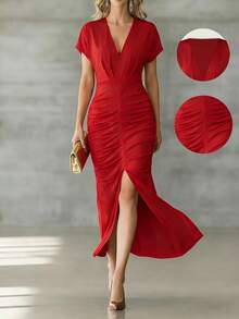 Women's V-Neck Solid Color Elegant Ruffle Slit Dress - Red - View 1