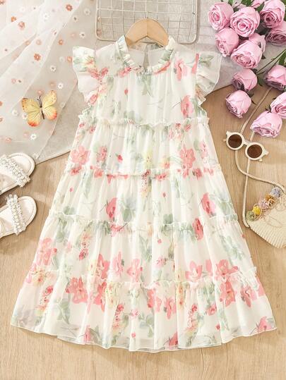 少女优雅荷叶袖雪纺印花拼接荷叶边领连衣裙，夏季时尚小女孩公主裙，休闲派对假日适合8-12岁女孩
