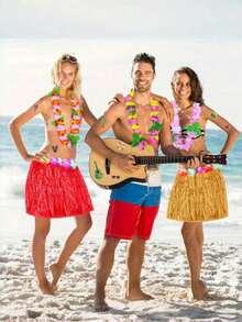 30-60厘米鲜艳热带夏威夷草裙 - 多色编织草裙，饰有花卉图案，是生日派对和化装舞会的理想之选 - 耐用塑料材质，无需电源，趣味十足的夏威夷派对装饰 - 彩色 - 查看 2