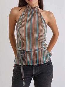 Women's Chiffon Halter Pleated Tank Top Casual Sleeveless Tie-Up Open Back Side Tie Blouses Summer Tops - Nhiều màu - Xem 1