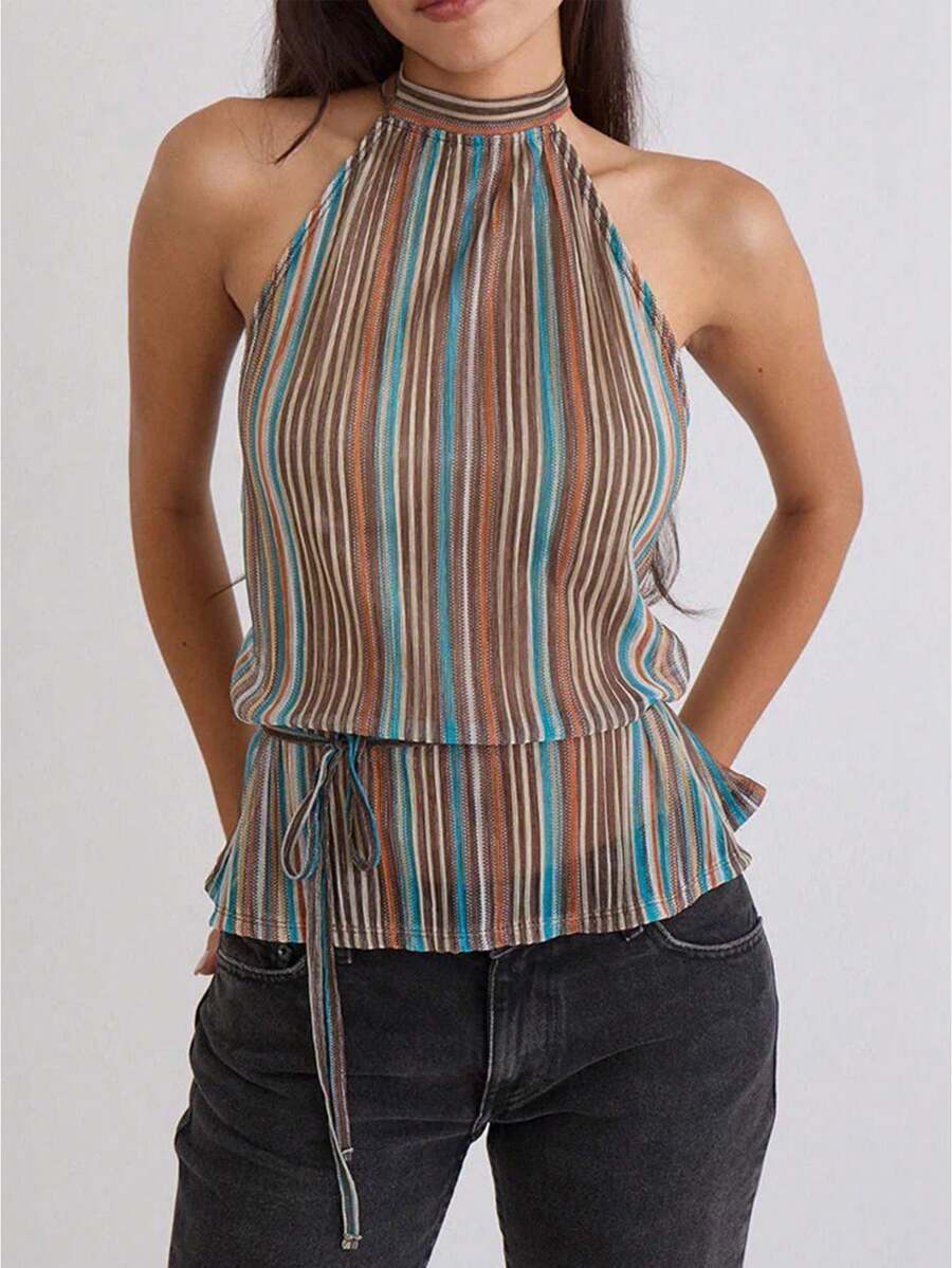 Women's Chiffon Halter Pleated Tank Top Casual Sleeveless Tie-Up Open Back Side Tie Blouses Summer Tops - Nhiều màu - Xem 1