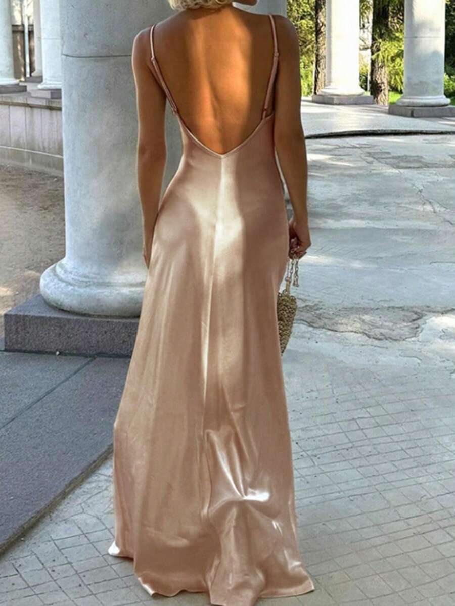 Elegant V-Neck Backless Satin Slip Dress Party Summer