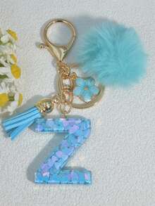 1pc Blue Heart Letter Keychain With Butterfly & Flower Decor, Women Bag Charm, Gift Keyring With Pom Pom Gifts For Mother, Father, Graduation, And Teacher - Baby Blue - View 26