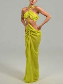 Women Summer Dress Sexy Irregular Halter Dress, Two Low Waisted Slit Dresses Chiffon Long Bikini Dress Off-Shoulder Backless Dress Festival Outfit Elegant Sleeveless Dresses For Women Boho Clothing Formal Gowns For Women Evening Elegant Prom Dresses Emerald Green Formal Dress Wedding Guest Hawaii Vacation Party Outfit - 螢光黃 - 查看 3
