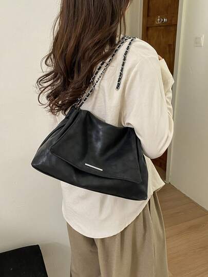 Large Capacity Fashion Crossbody Bag, High-Quality Soft Leather Shoulder Tote Bag With Chain Design, Suitable For Work, Shopping, Gathering, Commuting