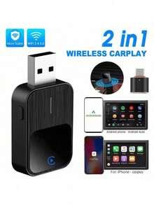 W&O Upgraded Wireless CarPlay Adapter, Compatible With IPhone CarPlay And Android Auto, Converts Wired To Wireless, Fast And Stable Connection, Compatible With IOS 10+/Android 11+, Dual Phone Connection, One-Key Switching, Quick Setup, Built-In Wi-Fi, USB/Type-C Port, Supports Music Streaming, Phone Calls, Navigation - No Battery, Smart Car Accessory, Essential For Driving - Black - View 2