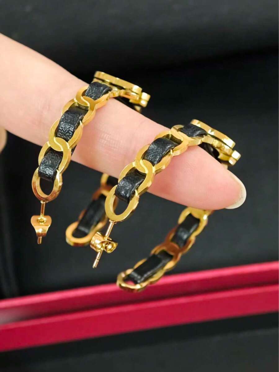 一对夸张链条C形耳环，创意设计 - 大環形皮革耳環 - 查看 1