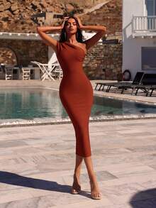 ADYCE 露背拉链修身优雅中长绷带连衣裙，适合婚礼宾客、鸡尾酒会、舞会、生日、毕业典礼、正式晚宴、返校节等场合，春季新款。 - 棕色 - 查看 3