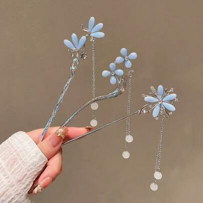 1件新款中国风仿玻璃水钻流苏发夹，花朵复古优雅小众汉服发饰，送朋友的礼物