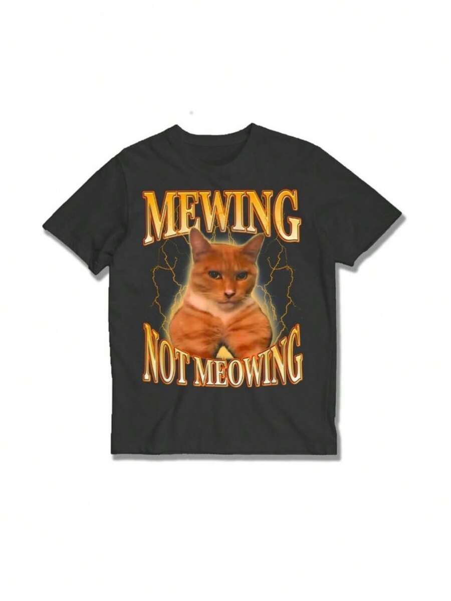 Mewing Not Meowing, Mewing Meme Shirt, Cat Sigma Meme T-Shirt, Funny Meme Tshirt, Funny Cat Meme Tee, Funny Vintage 90s Graphic Tees Graphic Tee Graphic T-Shirts - màu đen - Xem 1