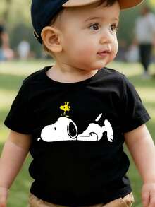 Peanuts Snoopy Lazy Laydown Kids Tee, Little Yellow Bird Companion Print Breathable Skin-Friendly Short Sleeve Top - Black - View 1