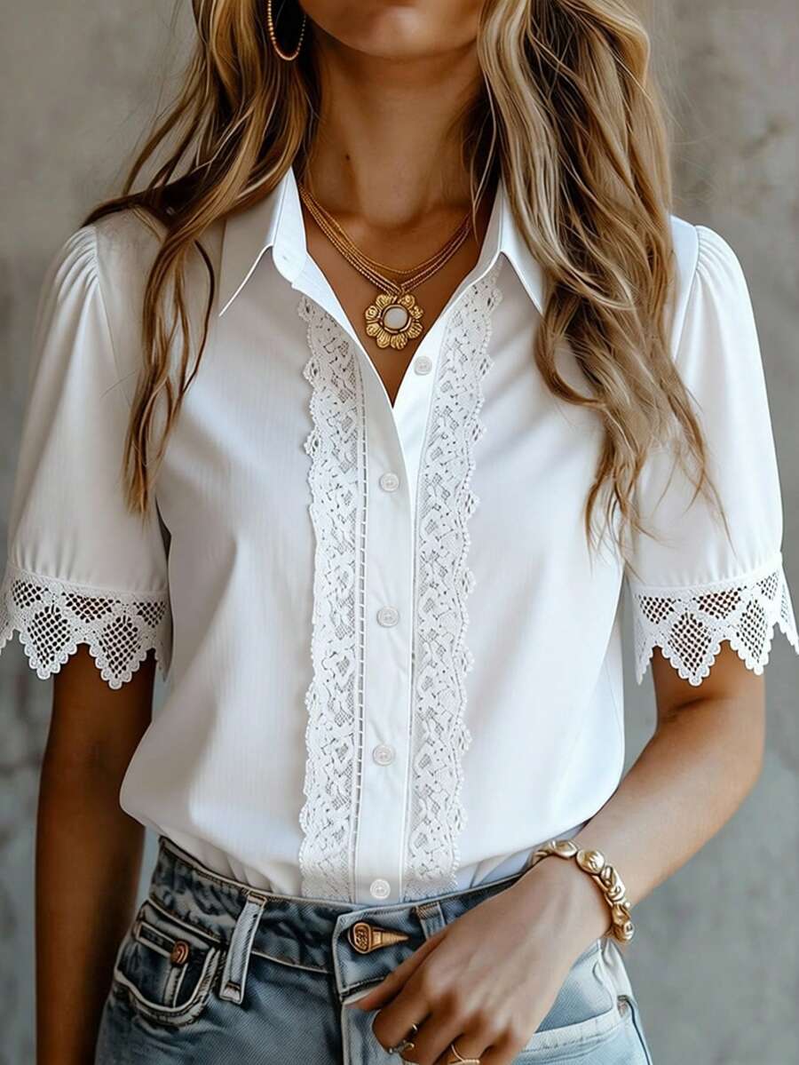 ii Blusa de verano de unicolor con cuello elegante y adorno de encaje floral