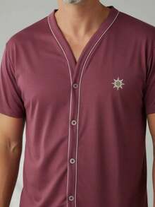 Men's Button-Down Post-Surgical Pajamas, Short Sleeves, Senior Style, High-Quality Knit Fabric - Burgundy - View 2
