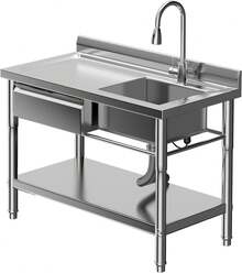 Fregadero Industrial de Acero Inoxidable Extra Grande con Cajón - Estación de Lavado Resistente para Cocina, Lavandería, Garage o Negocio - Plateado - Ver 1