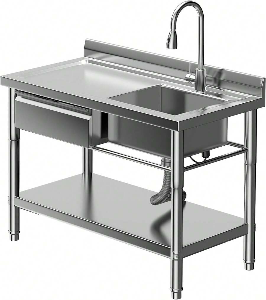 Fregadero Industrial de Acero Inoxidable Extra Grande con Cajón - Estación de Lavado Resistente para Cocina, Lavandería, Garage o Negocio - Plateado - Ver 1