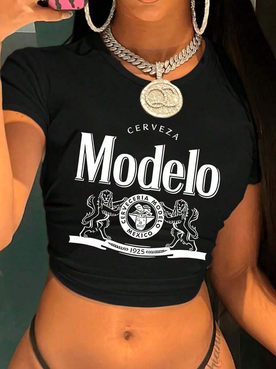 Women S Y2K Graphic Crop Top - Mexican Beer Brand Shirt, Crop For Party Outfits & Casual Attire - Machine Washable Clubwear Apparel, Fashion, Retro Aesthetic, Comfortable Material, Stylish Blouse, Women, Streetwear Style, Breathable Material, Short Sleeve Shirt, Women - màu đen - Xem 1