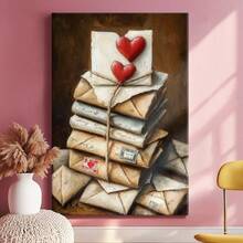 1 pieza Arte de pared Amor, Love You, Regalos de Galentines, Cuadro de lienzo enmarcado, Póster vintage, Pila de sobres, Corazón rojo, Atado con cuerda - Vintage, Acuarela, Estilo pincelada expresiva, Regalo ideal, para sala, recámara, oficina, incluye accesorios - Lienzo enmarcado, Vertical - Lienzo enmarcado - Ver 4