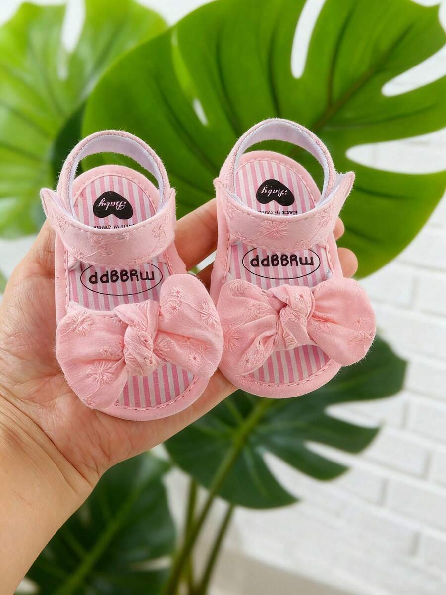 1双女童蝴蝶结帆布鞋，搭扣设计，平底可爱凉鞋，适合夏季穿着，婴幼儿女童凉鞋，夏季鞋 - 粉色 - 查看 1