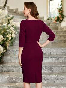 MIUSOL Robe moulante de bureau avec fermeture éclair froncée au dos et fente, robe de cocktail semi-formelle élégante pour invités de mariage. Convient pour les occasions comme les anniversaires, les remises de diplômes, la rentrée scolaire. - Rouge foncé - Voir 3