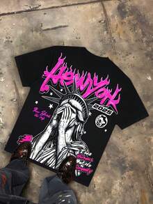 Pink Flame Liberty Cry Graphic Tee Men's Oversized Short Sleeve Pure Cotton T-Shirt Loose Fit, Y2K Streetwear Vintage Casual Dark Rebel Chaos Aesthetic Baggy 100% Cotton Pullover Gift - 黑色 - 查看 1