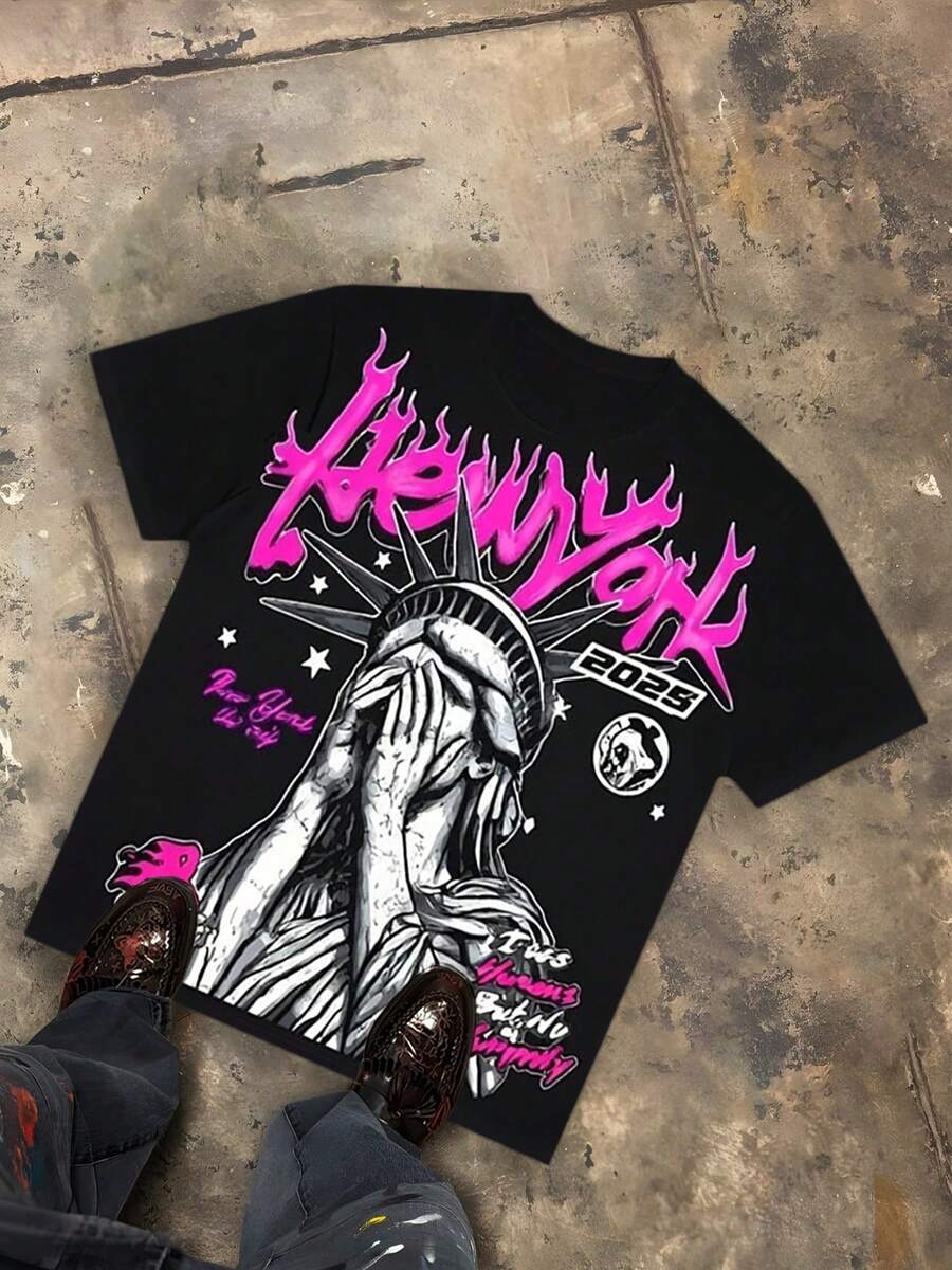 Pink Flame Liberty Cry Graphic Tee Men's Oversized Short Sleeve Pure Cotton T-Shirt Loose Fit, Y2K Streetwear Vintage Casual Dark Rebel Chaos Aesthetic Baggy 100% Cotton Pullover Gift - 黑色 - 查看 1
