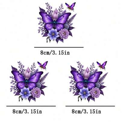 1/2/3张亮紫色蝴蝶花朵图案热转印贴纸，适用于DIY T恤、牛仔裤、连帽衫、包包、枕头（混色），节日工艺品，耐用装饰贴纸，服装点缀，派对装饰
