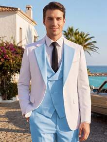 Mercer Haus Bộ vest nam 3 món dáng ôm, vest công sở trang trọng dành cho nam giới, thích hợp cho đám cưới, tiệc tùng và các dịp trang trọng khác. - Màu xanh nhạt - Xem 5