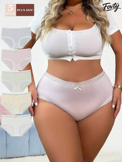 FOVTY 5pcs/Pack Women's Soft Breathable Seamless Lace Trim Panties, Available In Plus Size, Summer