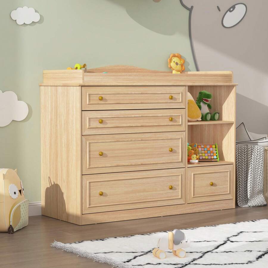 5-Drawer Baby Changing Table Dresser​ – With Adjustable Shelves, Metal Handles & Curved Wrapping Design - Oak - View 1