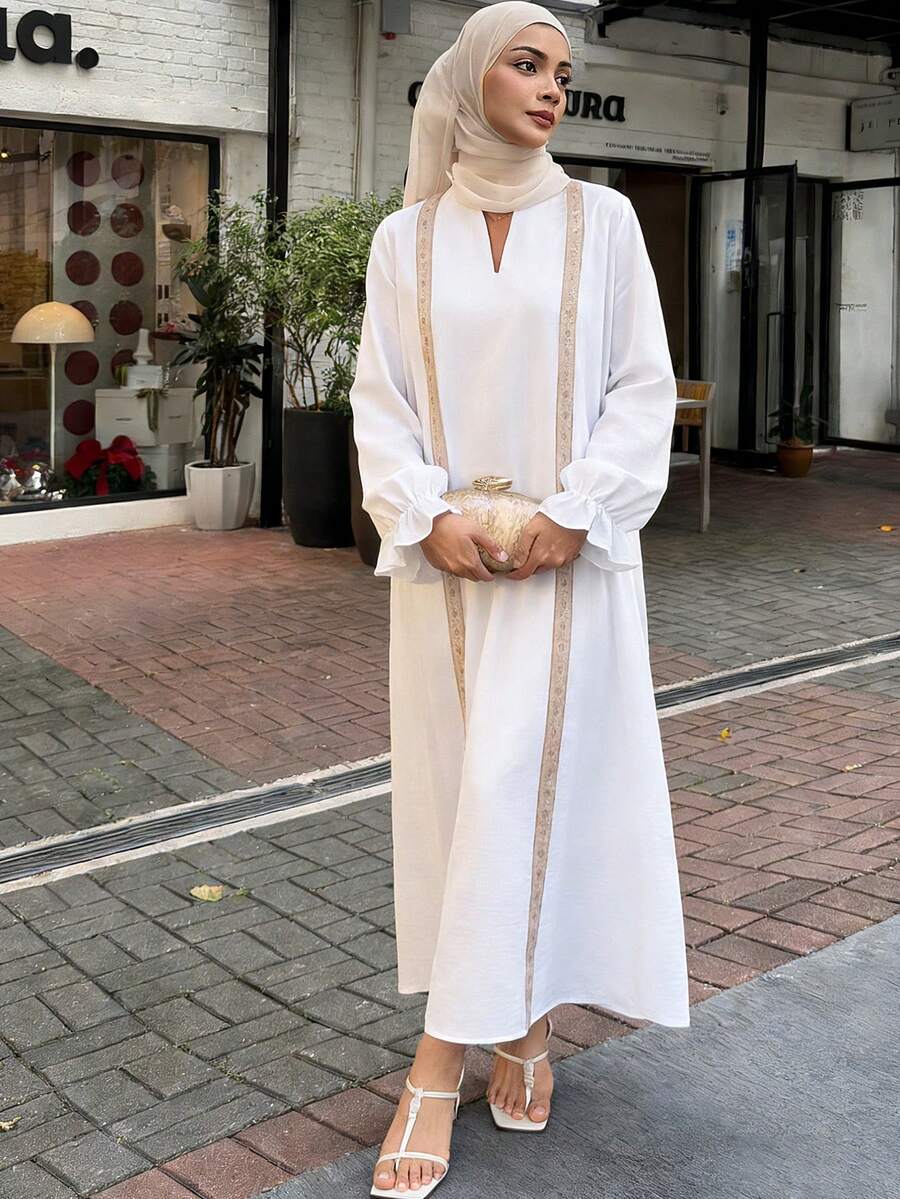 Livesso V-Neck Loose Casual Midi Dress For Women Vacation Carnival - Beige - View 1