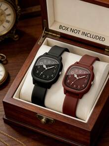 2件套简约复古情侣硅胶手表套装，时尚石英表配件组合，采用方形表盘和哑光硅胶表带（有黑色或酒红色可选）。 - 彩色 - 查看 11