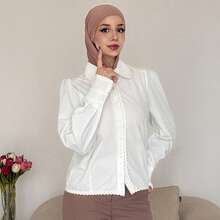 DAZY 纯色泡泡袖纽扣前襟衬衫、长袖上衣 - 白色 - 查看 4