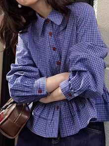 Women's Cotton  Blue Plaid Shirt, Ruffle Long Sleeve Shirt Top, Short Fall 2026 Spring - Blue - View 4