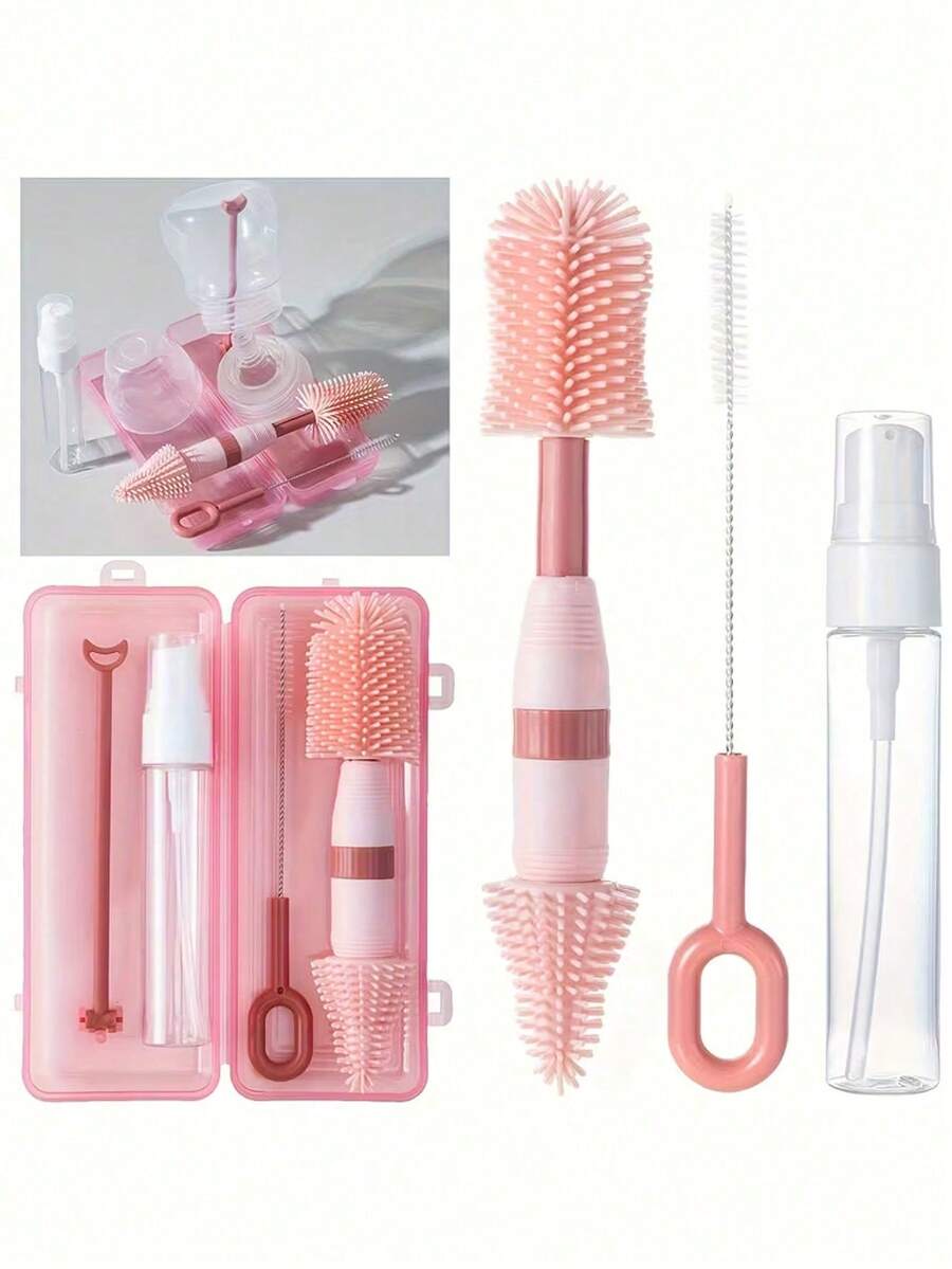 5pcs Baby Portable Silicone Bottle Cleaning Set, Multi-Functional Travel Outdoor Kit, Baby Nipple Brush Dryer Rack Set, Pink Portable Outdoor Bottle Cleaning Kit - Multicolor - View 1