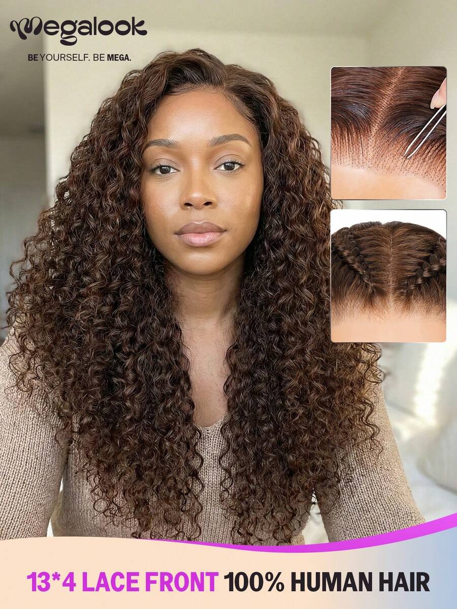 MEGALOOK 13x4 Dark Brown Water Wave Lace Frontal 100% Human Hair Wigs Invisible Lace Natural Hairline 20-26 Inch 180% Density #4 Colored Curly Wigs - Natural Looking Daily Use Office Ready Corpse Bride Halloween Vibes Party Style Y2K Baddie Vacation Outfits Outdoor Cosplay Campus School Holiday Christmas Part Wedding Festival Ready For Women - S4 - View 1