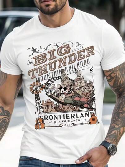  Men's Retro Giant Leishan Railway Pattern T-Shirt-Retro Disney T-Shirt With Mickey And Friends, Wilderness Adventure Design, Black Short-Sleeved Round Neck, Suitable For Summer Casual Wear, Disney Shirt