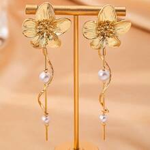 1 Pair Elegant Tassel Flower & Faux Pearl Dangle Earrings, Suitable For Vacation, Party, Festival, Girlfriend Gift - Multicolor - View 4