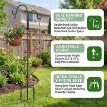 2 Pcs Adjustable Double Shepherds Hook For Outdoor 47 Inch Bird Feeder Pole With 5 Prongs Base, Heavy Duty Garden Hook For Solar Lights Lanterns Bird Cages Weddings Plant Baskets Hummingbird Feeder - 47in-2Pcs - 查看 4