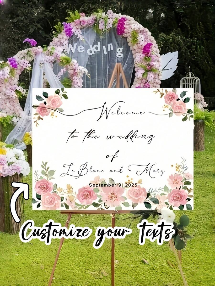 Cartel de bienvenida personalizable | Adecuado para eventos de boda, recepciones y ocasiones especiales - Autoportante, rectangular, en inglés, diseño plano - Multicolor - Ver 1